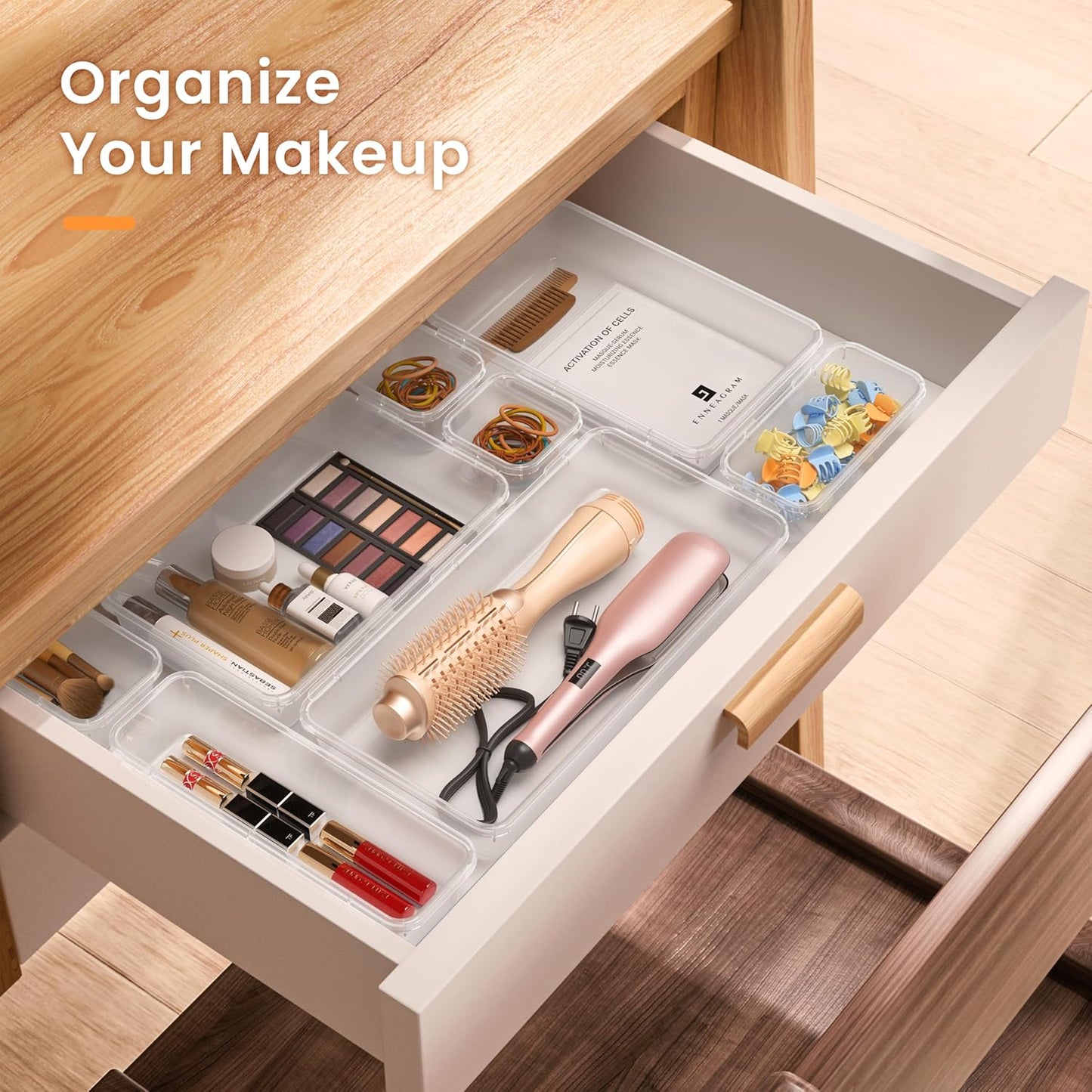 【Military Grade】 Drawer Organizer,【𝟱𝗦𝗶𝘇𝗲】 Makeup organizer,【Holds 177 Items】 Bathroom Organizers and Storage,Organization and Storage,Desk Drawer Organizer for Vanity【Clear】