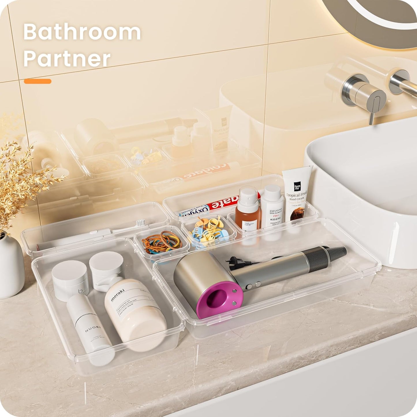 【Military Grade】 Drawer Organizer,【𝟱𝗦𝗶𝘇𝗲】 Makeup organizer,【Holds 177 Items】 Bathroom Organizers and Storage,Organization and Storage,Desk Drawer Organizer for Vanity【Clear】