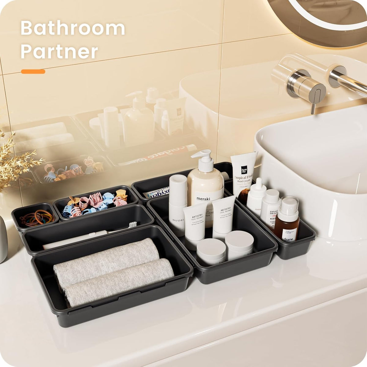 【Military Grade】 Drawer Organizer,【𝟱𝗦𝗶𝘇𝗲】 Makeup organizer,【Holds 177 Items】 Bathroom Organizers and Storage,Organization and Storage,Desk Drawer Organizer for Vanity【Clear】