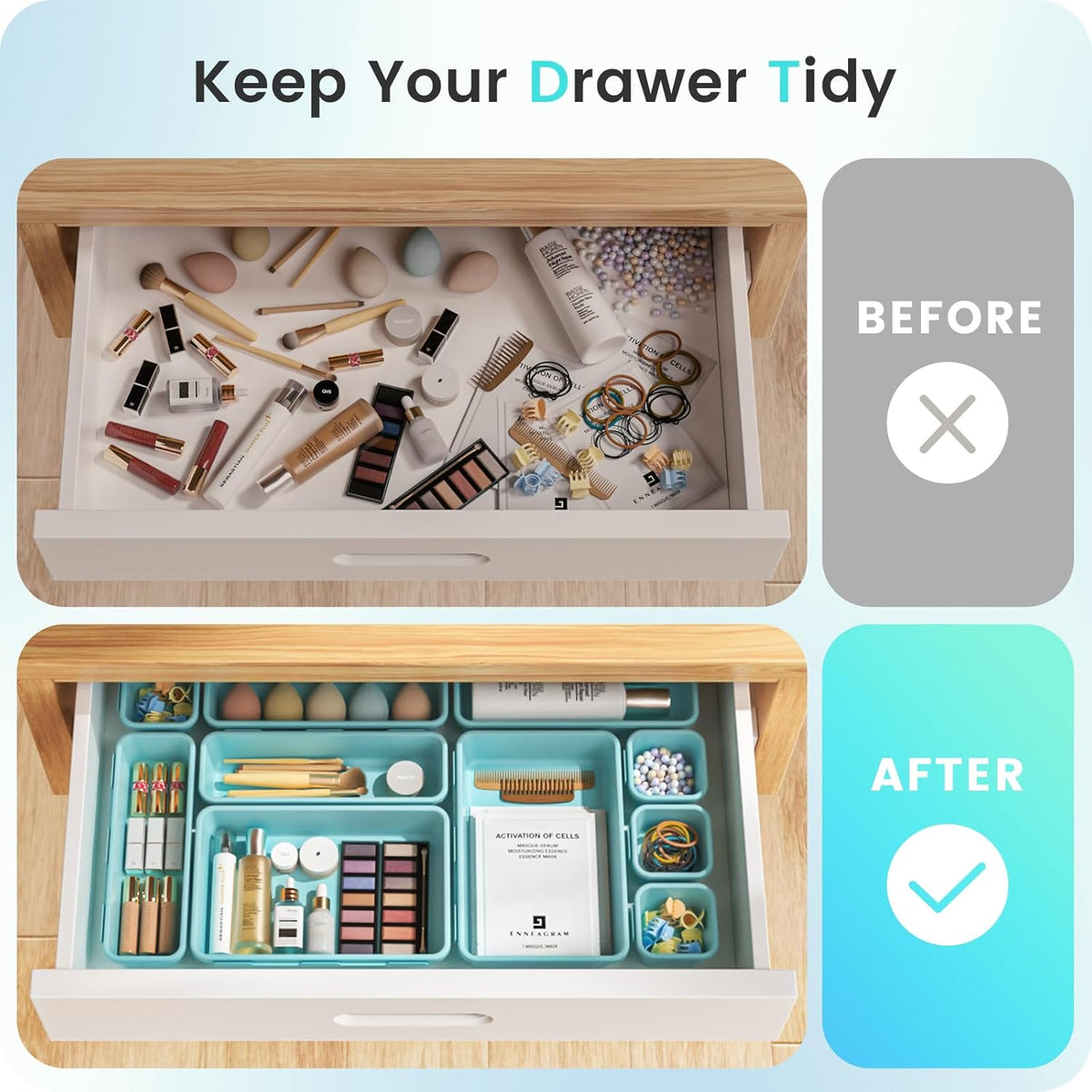 【Military Grade】 Drawer Organizer,【𝟱𝗦𝗶𝘇𝗲】 Makeup organizer,【Holds 177 Items】 Bathroom Organizers and Storage,Organization and Storage,Desk Drawer Organizer for Vanity【Clear】