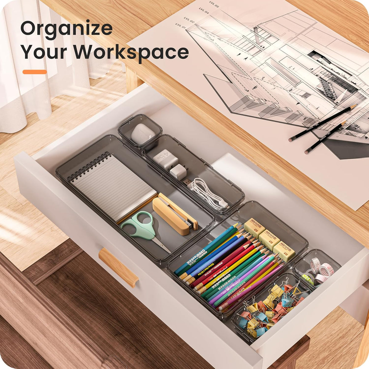 【Military Grade】 Drawer Organizer,【𝟱𝗦𝗶𝘇𝗲】 Makeup organizer,【Holds 177 Items】 Bathroom Organizers and Storage,Organization and Storage,Desk Drawer Organizer for Vanity【Clear】