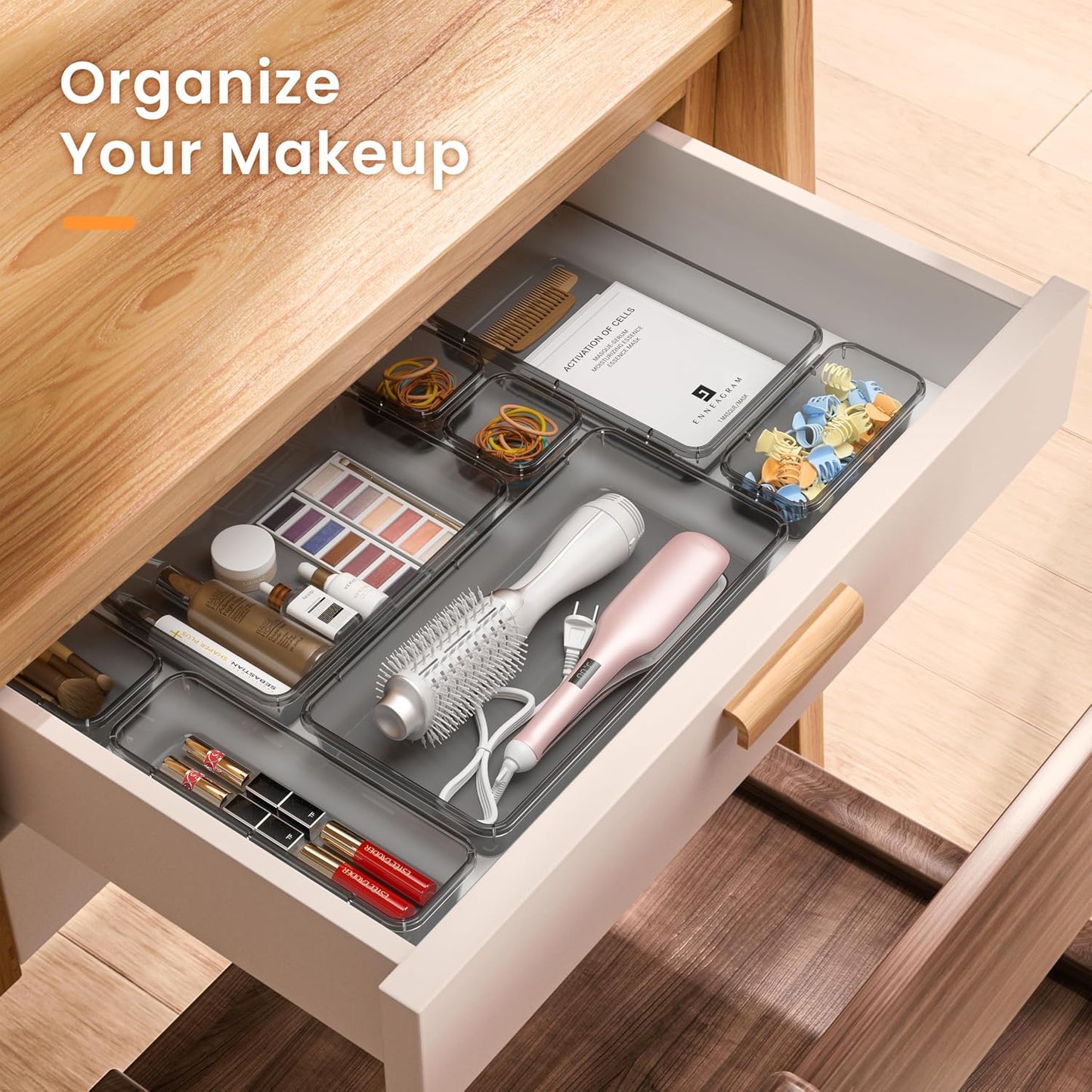 【Military Grade】 Drawer Organizer,【𝟱𝗦𝗶𝘇𝗲】 Makeup organizer,【Holds 177 Items】 Bathroom Organizers and Storage,Organization and Storage,Desk Drawer Organizer for Vanity【Clear】