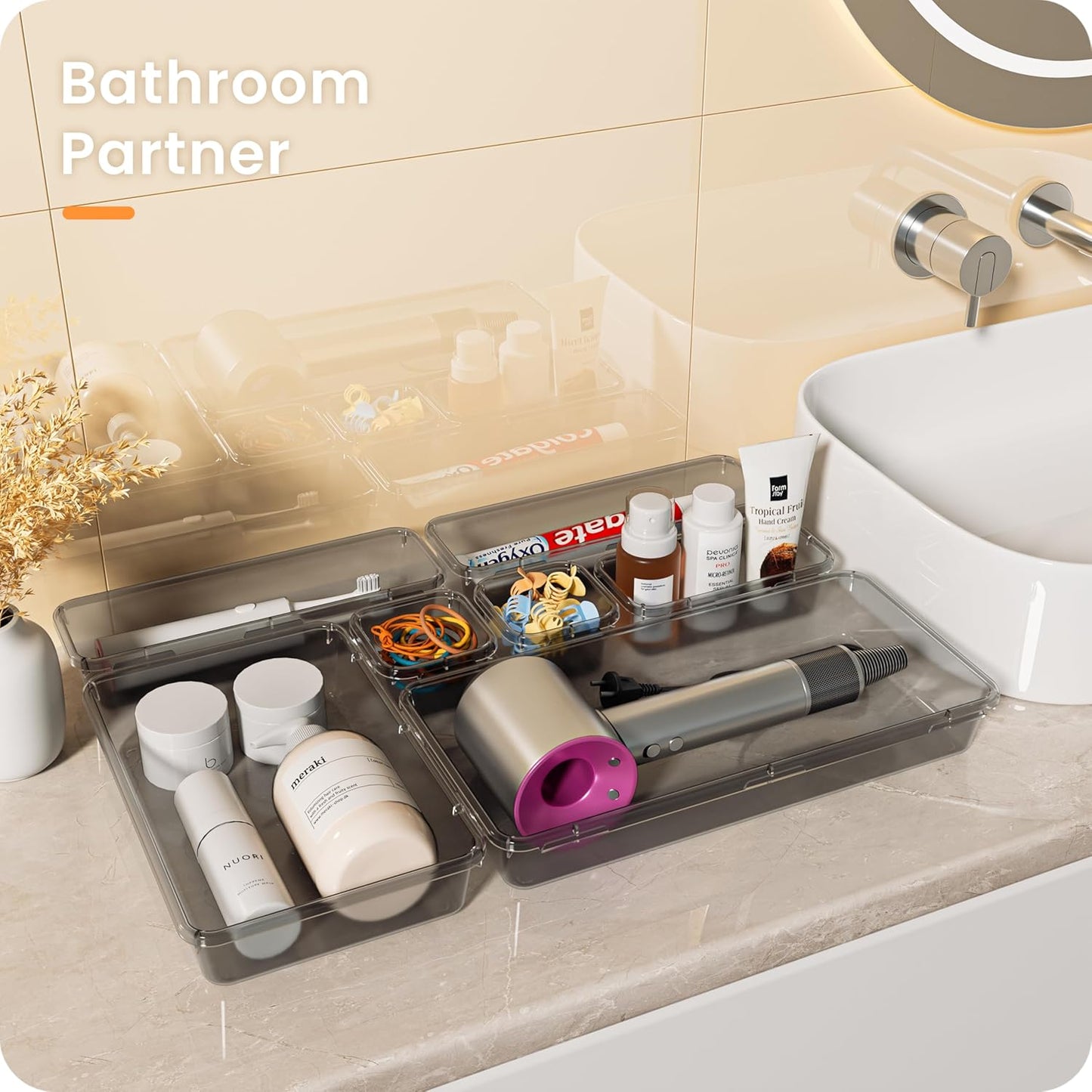 【Military Grade】 Drawer Organizer,【𝟱𝗦𝗶𝘇𝗲】 Makeup organizer,【Holds 177 Items】 Bathroom Organizers and Storage,Organization and Storage,Desk Drawer Organizer for Vanity【Clear】
