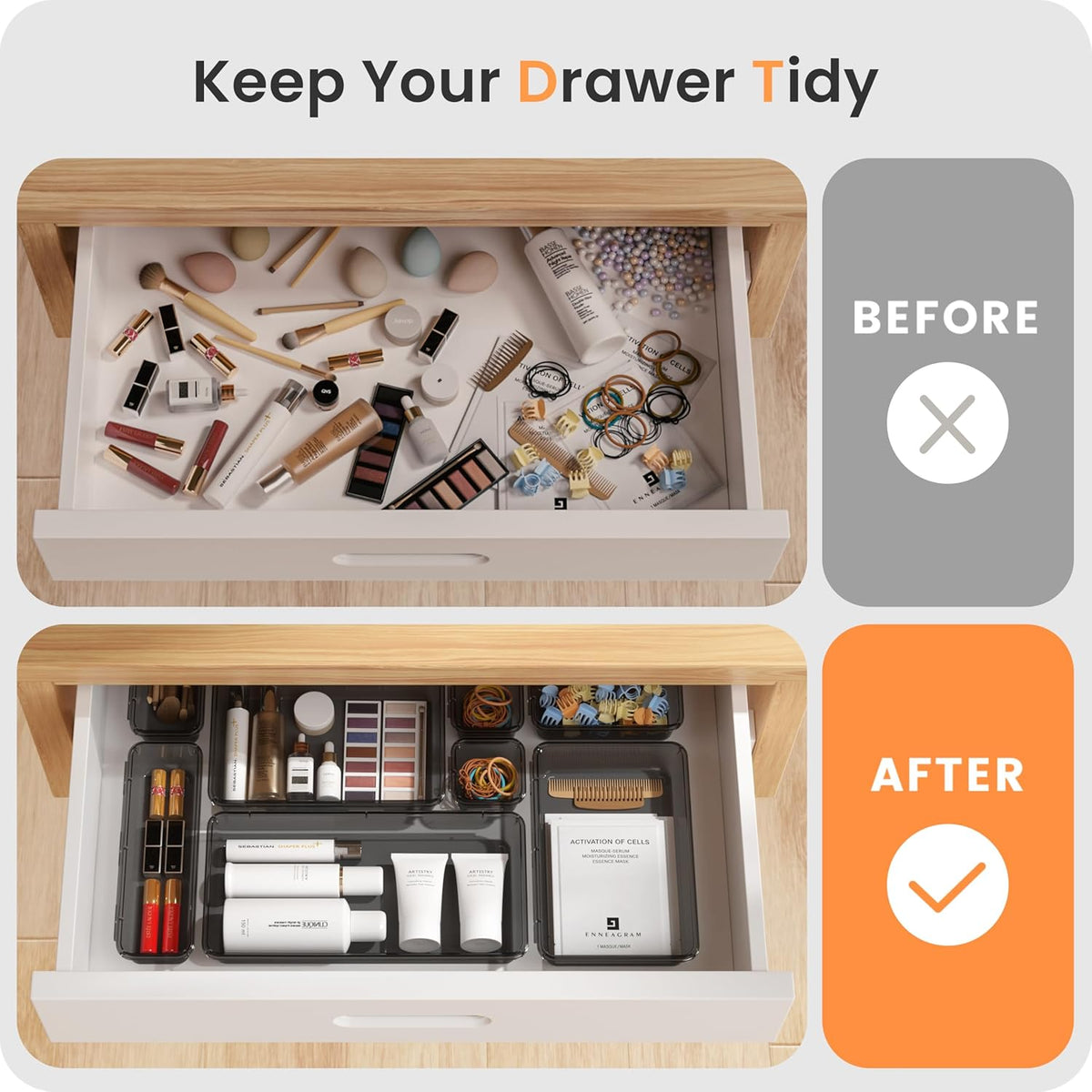 【Military Grade】 Drawer Organizer,【𝟱𝗦𝗶𝘇𝗲】 Makeup organizer,【Holds 177 Items】 Bathroom Organizers and Storage,Organization and Storage,Desk Drawer Organizer for Vanity【Clear】