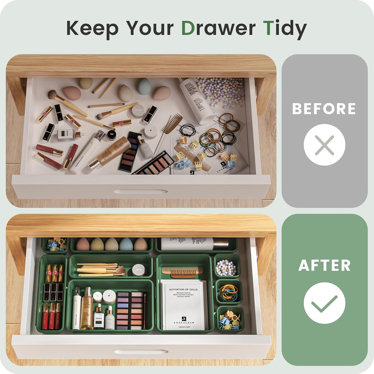 【Military Grade】 Drawer Organizer,【𝟱𝗦𝗶𝘇𝗲】 Makeup organizer,【Holds 177 Items】 Bathroom Organizers and Storage,Organization and Storage,Desk Drawer Organizer for Vanity【Clear】