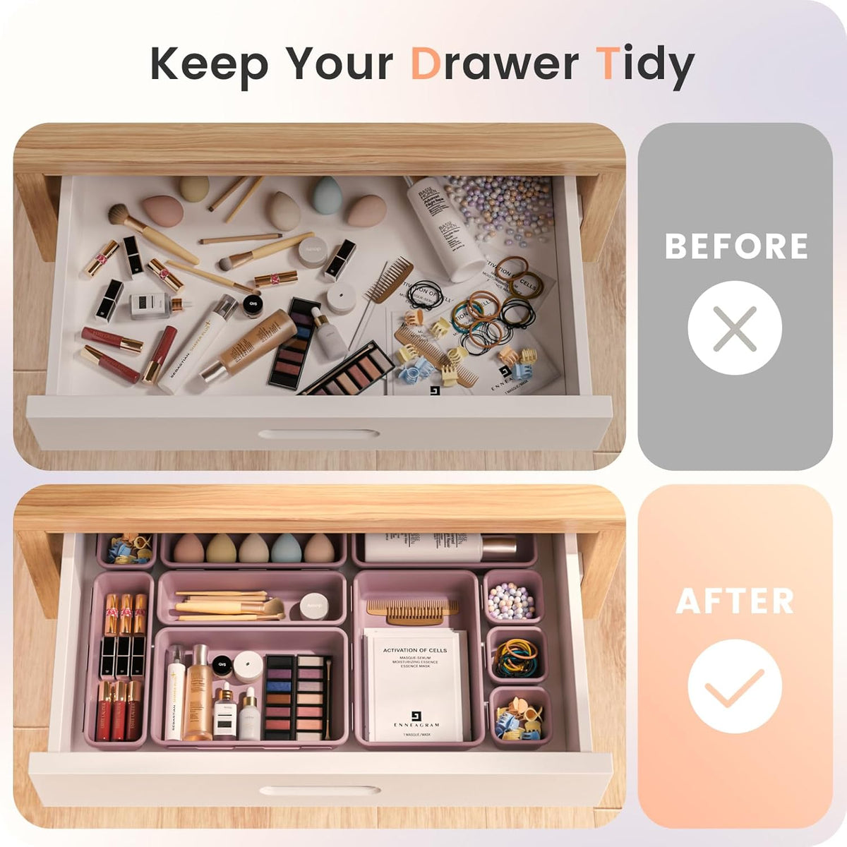 【Military Grade】 Drawer Organizer,【𝟱𝗦𝗶𝘇𝗲】 Makeup organizer,【Holds 177 Items】 Bathroom Organizers and Storage,Organization and Storage,Desk Drawer Organizer for Vanity【Clear】