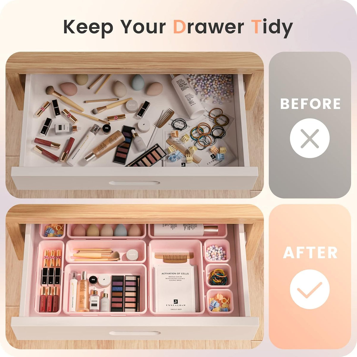 【Military Grade】 Drawer Organizer,【𝟱𝗦𝗶𝘇𝗲】 Makeup organizer,【Holds 177 Items】 Bathroom Organizers and Storage,Organization and Storage,Desk Drawer Organizer for Vanity【Clear】