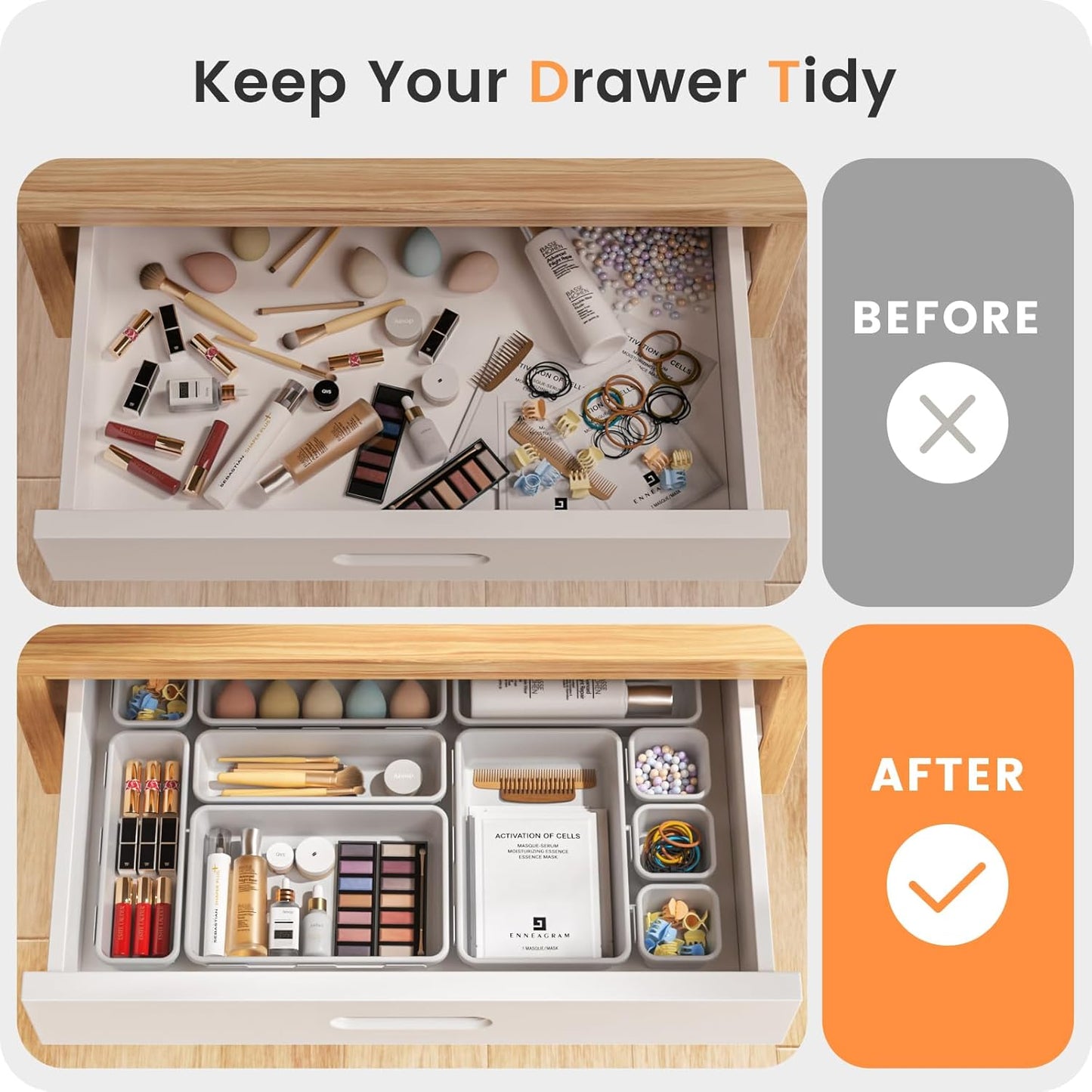 【Military Grade】 Drawer Organizer,【𝟱𝗦𝗶𝘇𝗲】 Makeup organizer,【Holds 177 Items】 Bathroom Organizers and Storage,Organization and Storage,Desk Drawer Organizer for Vanity【Clear】