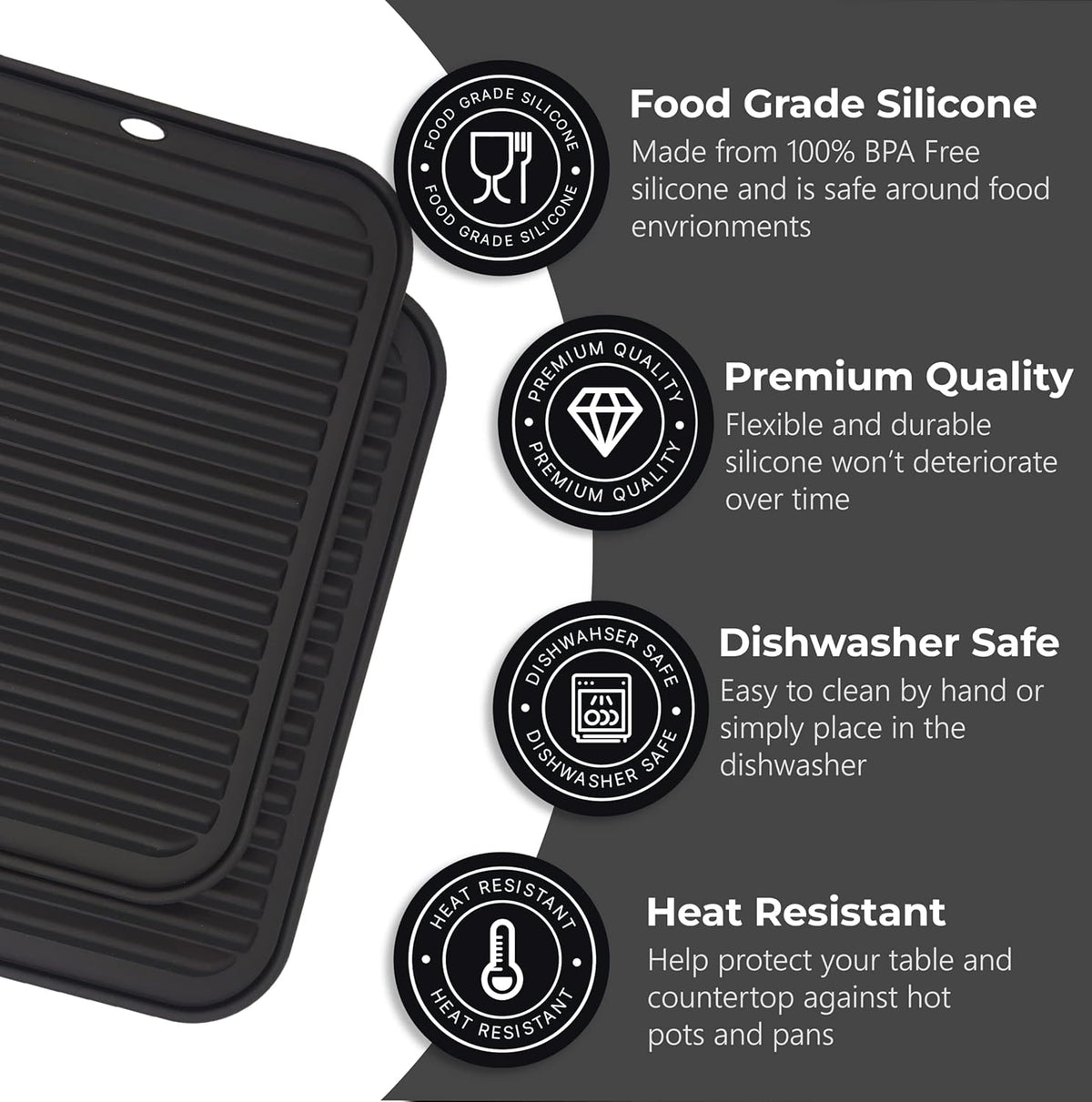 Silicone Trivets for Hot Dishes, Pots, Pans (2 Pack) - Heat-Resistant Pot Holders for Kitchen Countertop Mats - Silicone Trivet Mat (9 x 12 Inch) - Multipurpose Counter Pads (Black)