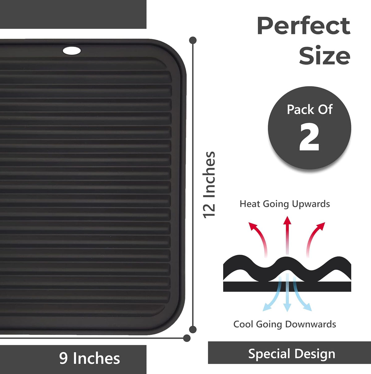 Silicone Trivets for Hot Dishes, Pots, Pans (2 Pack) - Heat-Resistant Pot Holders for Kitchen Countertop Mats - Silicone Trivet Mat (9 x 12 Inch) - Multipurpose Counter Pads (Black)