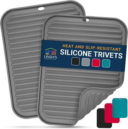 Silicone Trivets for Hot Dishes, Pots, Pans (2 Pack) - Heat-Resistant Pot Holders for Kitchen Countertop Mats - Silicone Trivet Mat (9 x 12 Inch) - Multipurpose Counter Pads (Black)