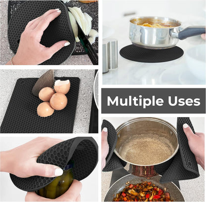 Silicone Trivets for Hot Dishes, Pots, Pans (2 Pack) - Heat-Resistant Pot Holders for Kitchen Countertop Mats - Silicone Trivet Mat (9 x 12 Inch) - Multipurpose Counter Pads (Black)