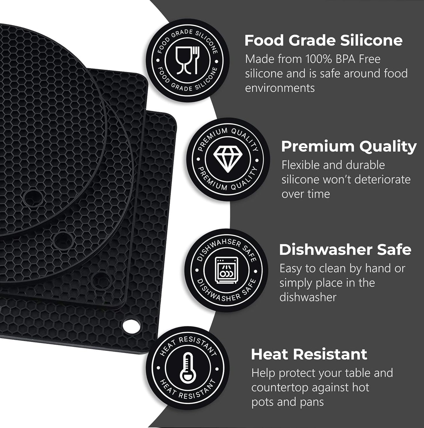 Silicone Trivets for Hot Dishes, Pots, Pans (2 Pack) - Heat-Resistant Pot Holders for Kitchen Countertop Mats - Silicone Trivet Mat (9 x 12 Inch) - Multipurpose Counter Pads (Black)