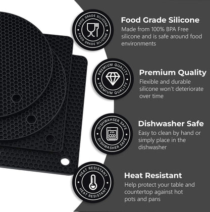 Silicone Trivets for Hot Dishes, Pots, Pans (2 Pack) - Heat-Resistant Pot Holders for Kitchen Countertop Mats - Silicone Trivet Mat (9 x 12 Inch) - Multipurpose Counter Pads (Black)