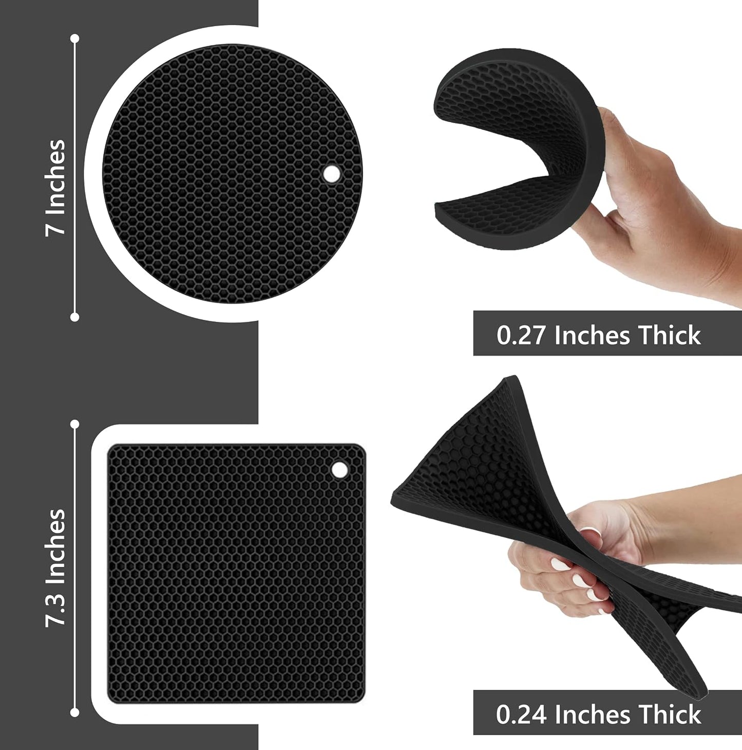 Silicone Trivets for Hot Dishes, Pots, Pans (2 Pack) - Heat-Resistant Pot Holders for Kitchen Countertop Mats - Silicone Trivet Mat (9 x 12 Inch) - Multipurpose Counter Pads (Black)