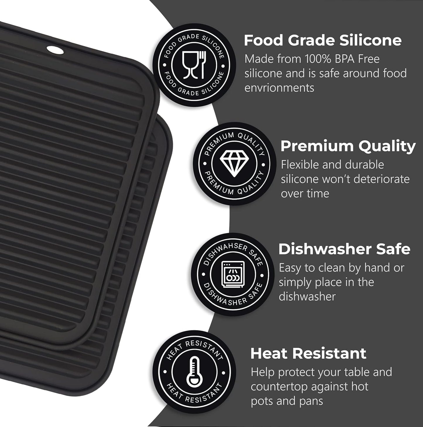 Silicone Trivets for Hot Dishes, Pots, Pans (2 Pack) - Heat-Resistant Pot Holders for Kitchen Countertop Mats - Silicone Trivet Mat (9 x 12 Inch) - Multipurpose Counter Pads (Black)
