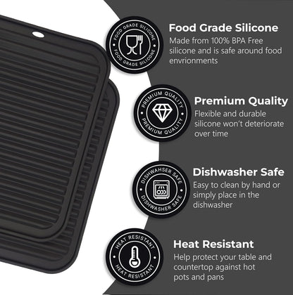 Silicone Trivets for Hot Dishes, Pots, Pans (2 Pack) - Heat-Resistant Pot Holders for Kitchen Countertop Mats - Silicone Trivet Mat (9 x 12 Inch) - Multipurpose Counter Pads (Black)