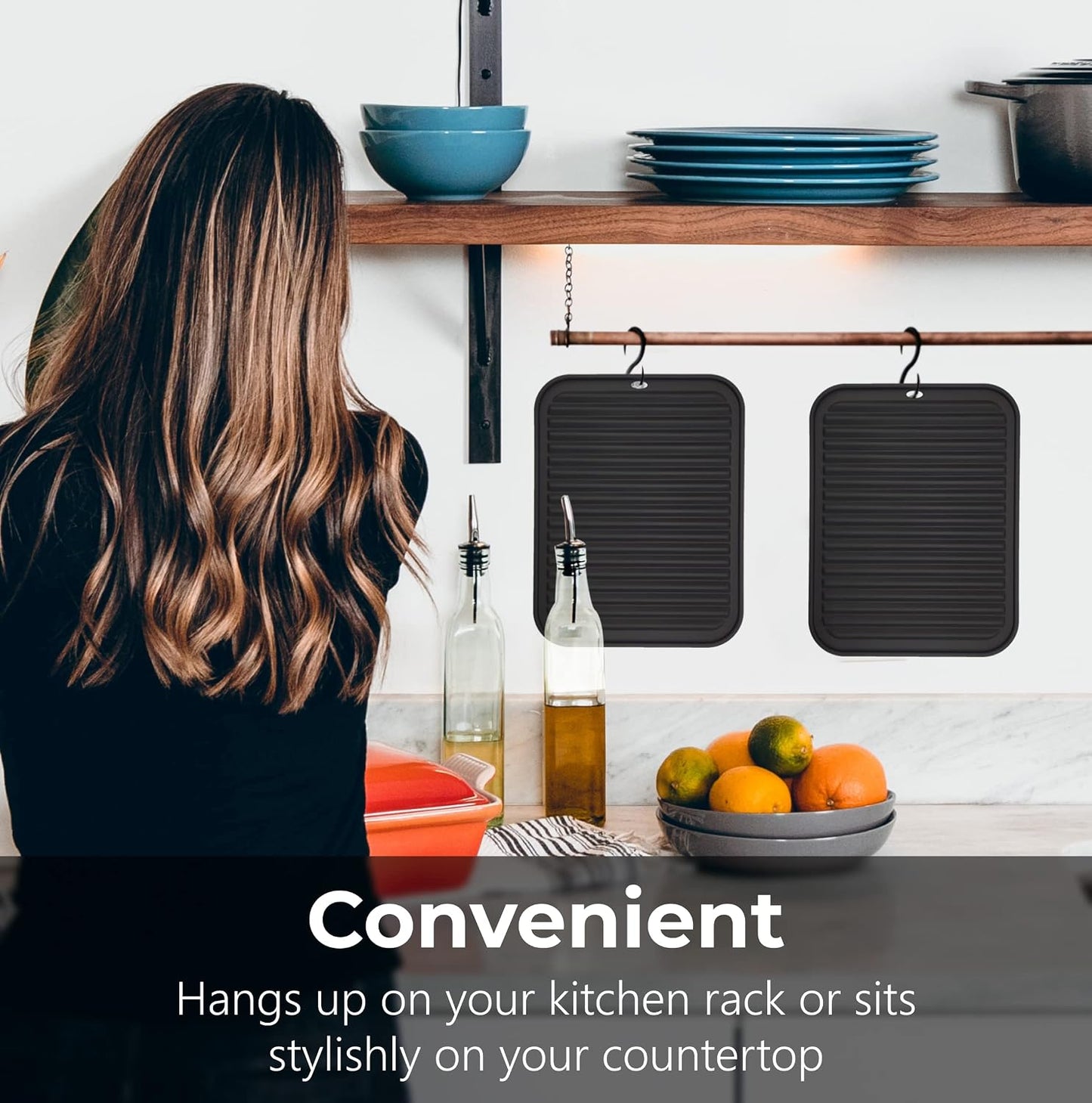 Silicone Trivets for Hot Dishes, Pots, Pans (2 Pack) - Heat-Resistant Pot Holders for Kitchen Countertop Mats - Silicone Trivet Mat (9 x 12 Inch) - Multipurpose Counter Pads (Black)