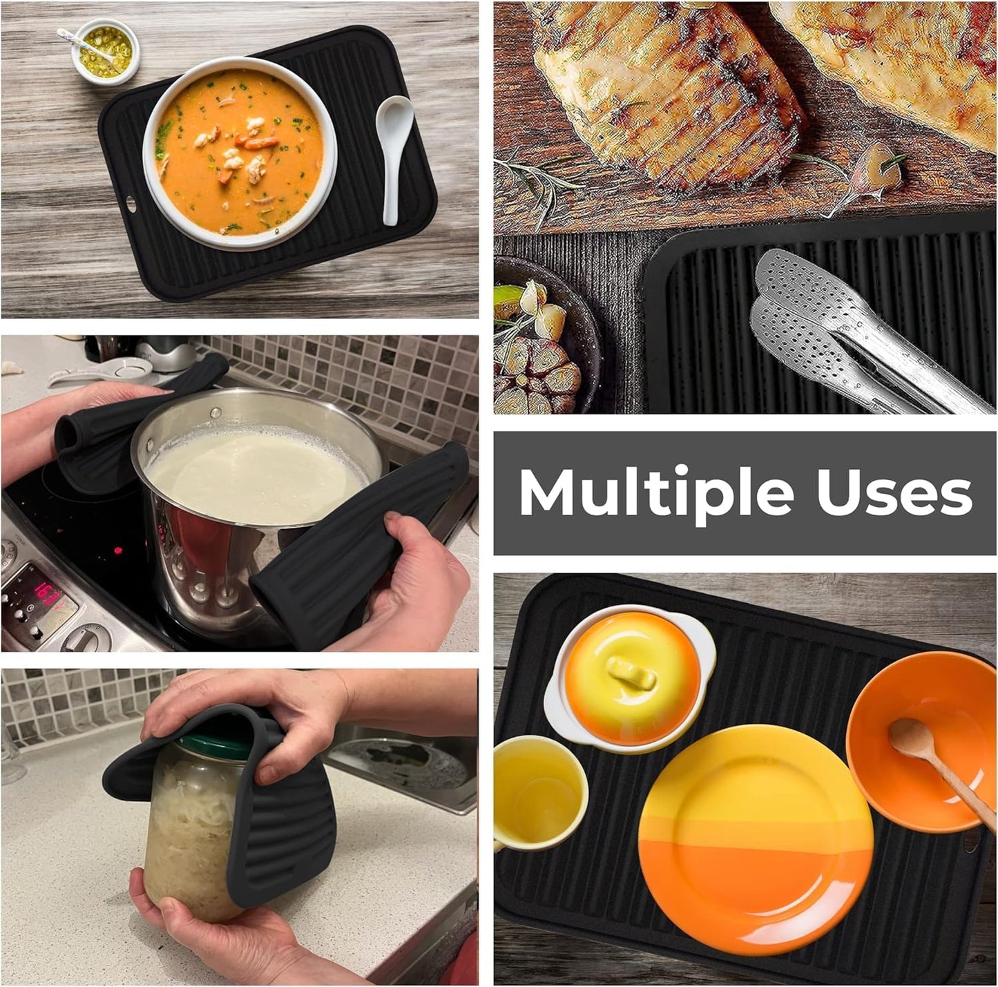 Silicone Trivets for Hot Dishes, Pots, Pans (2 Pack) - Heat-Resistant Pot Holders for Kitchen Countertop Mats - Silicone Trivet Mat (9 x 12 Inch) - Multipurpose Counter Pads (Black)