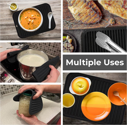 Silicone Trivets for Hot Dishes, Pots, Pans (2 Pack) - Heat-Resistant Pot Holders for Kitchen Countertop Mats - Silicone Trivet Mat (9 x 12 Inch) - Multipurpose Counter Pads (Black)