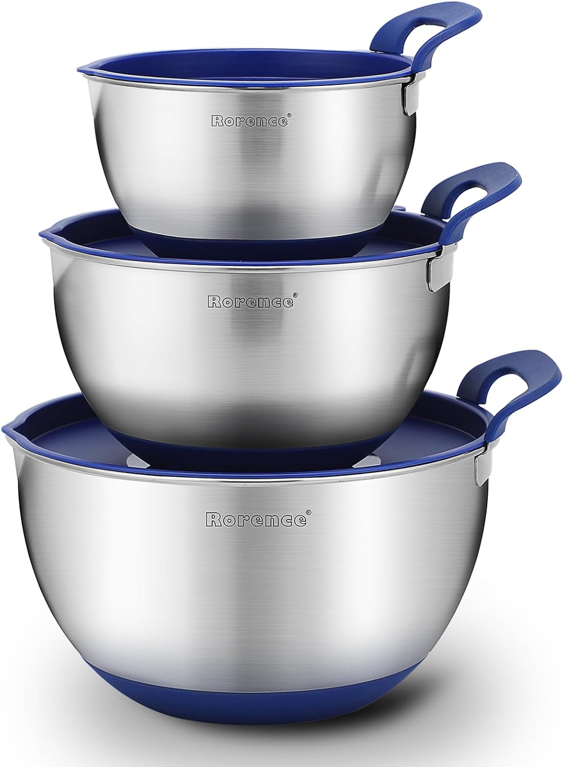 Stainless Steel Mixing Bowls: Stackable Mixing Bowl Set with Lids and Handles Non-slip Silicone Bottom Nesting Bowls for Kitchen Set of 3 - Blue