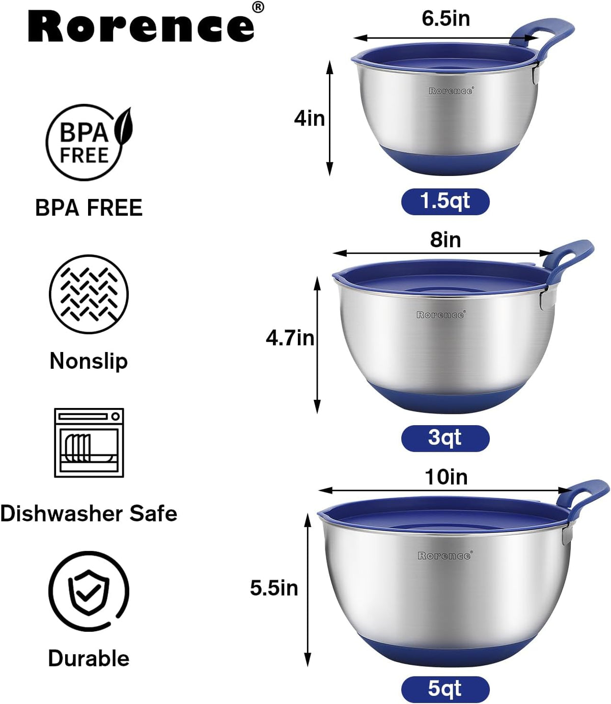 Stainless Steel Mixing Bowls: Stackable Mixing Bowl Set with Lids and Handles Non-slip Silicone Bottom Nesting Bowls for Kitchen Set of 3 - Blue