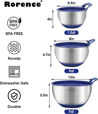 Stainless Steel Mixing Bowls: Stackable Mixing Bowl Set with Lids and Handles Non-slip Silicone Bottom Nesting Bowls for Kitchen Set of 3 - Blue