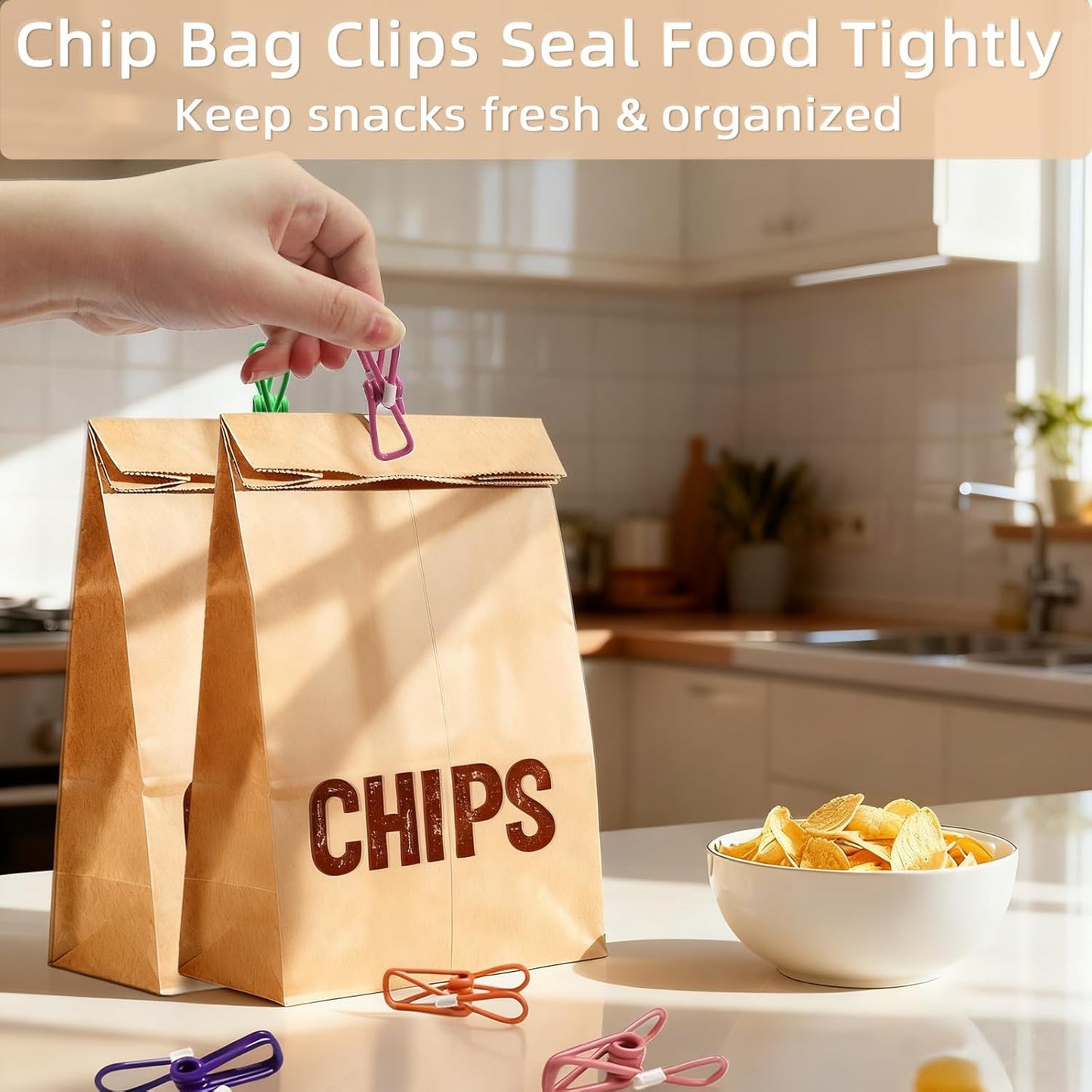 Chip Clips, 10 Pack Colorful Metal Chip Bag Clips with Rubber Caps PVC-Coated Strong Spring Steel Clip for Food Package, Chips Bag, Snack, Clothes pins, Paper, 5 Random Colors 2.2 Inch