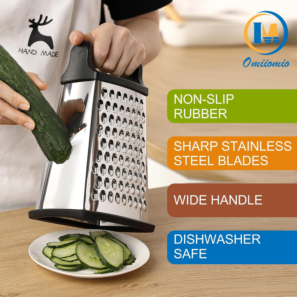 Professional Cheese Grater - Stainless Steel, XL Size, 4 Sides - Perfect Box Grater for Parmesan Cheese, Vegetables, Ginger - Dishwasher Safe - Black
