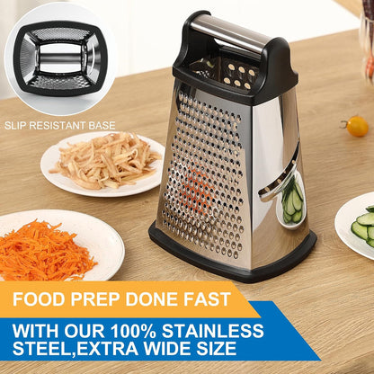 Professional Cheese Grater - Stainless Steel, XL Size, 4 Sides - Perfect Box Grater for Parmesan Cheese, Vegetables, Ginger - Dishwasher Safe - Black