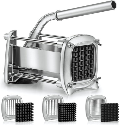 Professional Stainless Steel French Fry Cutter, 3 Blades (1/2", 3/8", 1/4") for Potatoes, Carrots, Apples, Commercial & Home Use