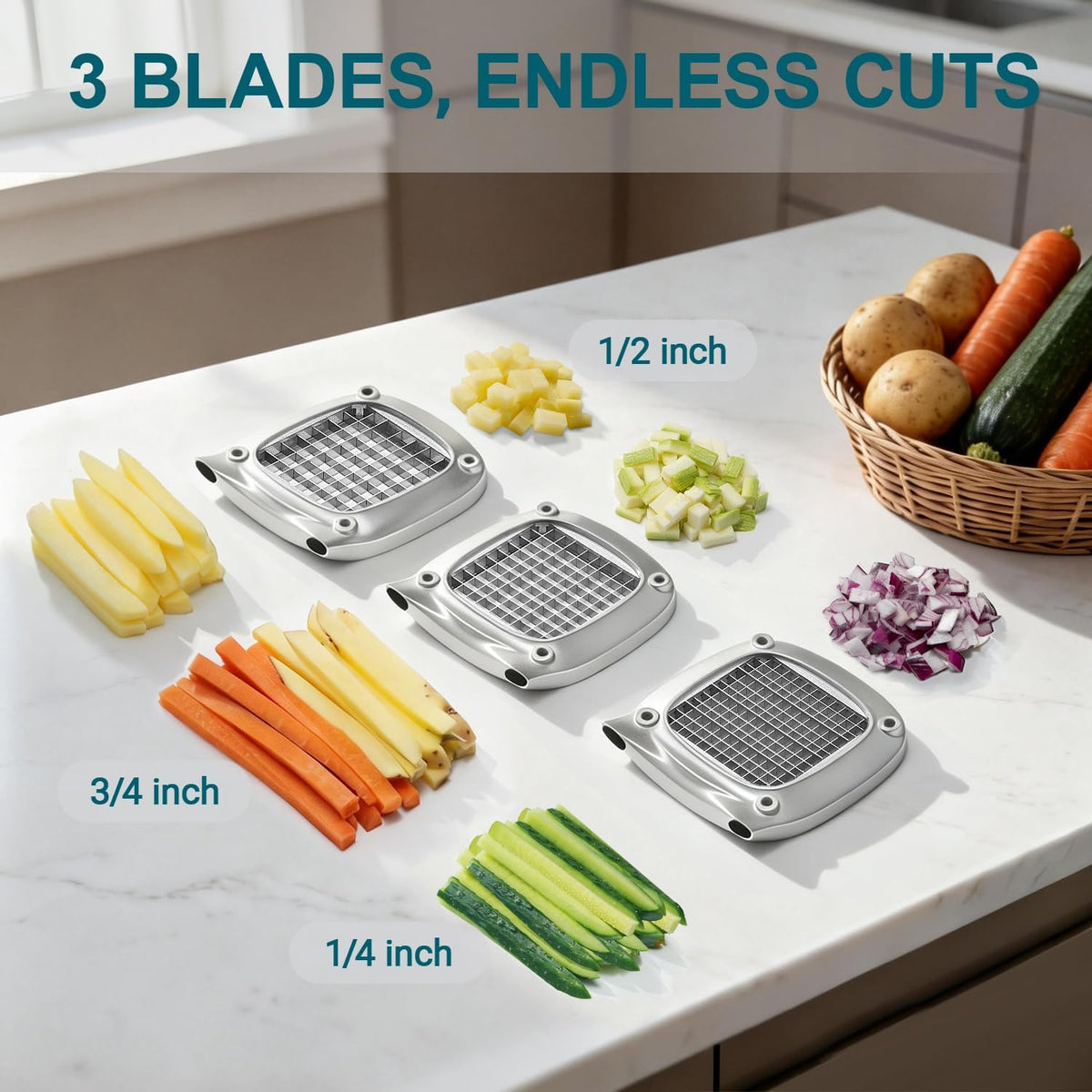 Professional Stainless Steel French Fry Cutter, 3 Blades (1/2", 3/8", 1/4") for Potatoes, Carrots, Apples, Commercial & Home Use