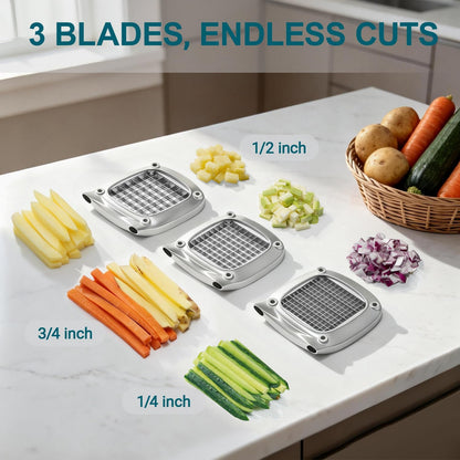 Professional Stainless Steel French Fry Cutter, 3 Blades (1/2", 3/8", 1/4") for Potatoes, Carrots, Apples, Commercial & Home Use