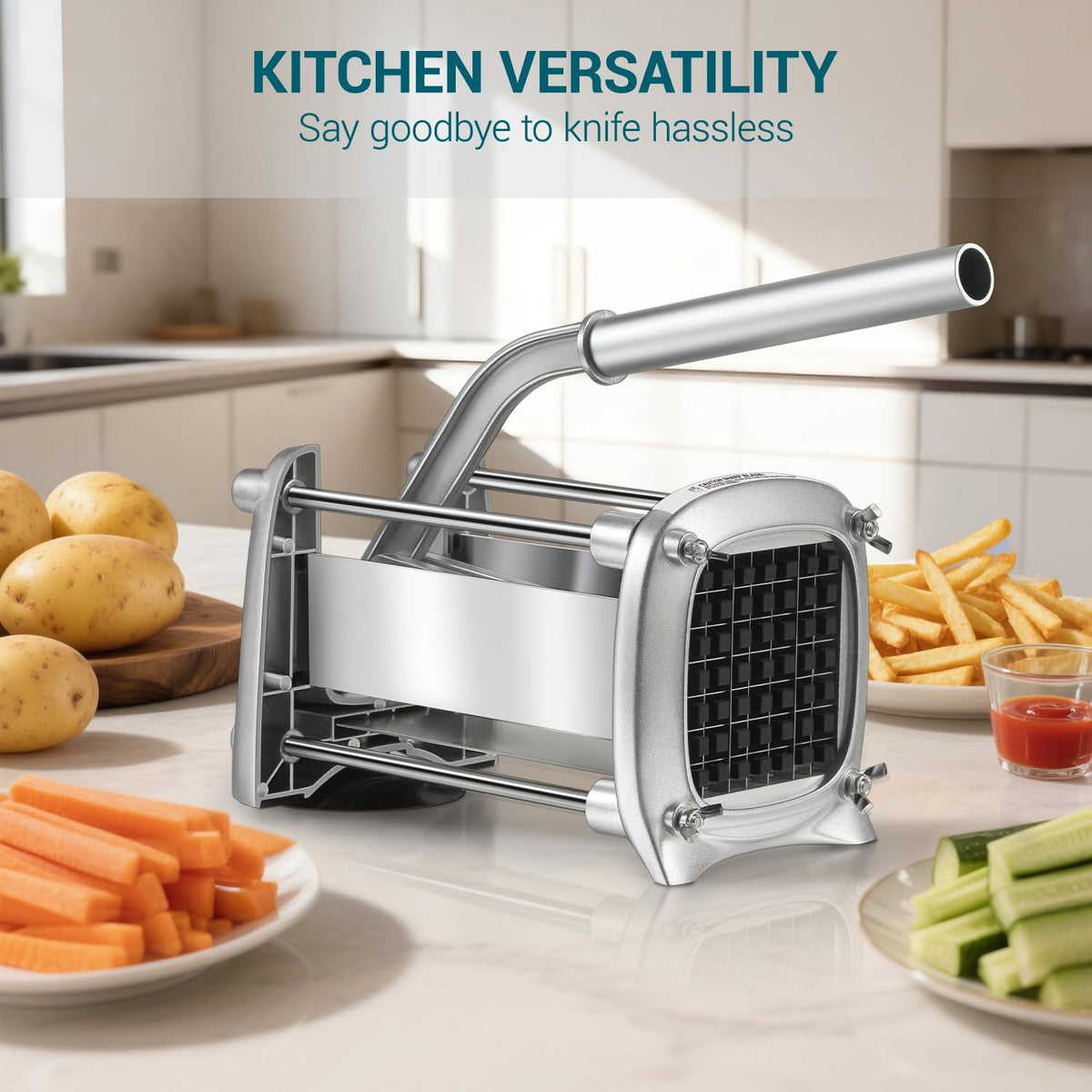 Professional Stainless Steel French Fry Cutter, 3 Blades (1/2", 3/8", 1/4") for Potatoes, Carrots, Apples, Commercial & Home Use