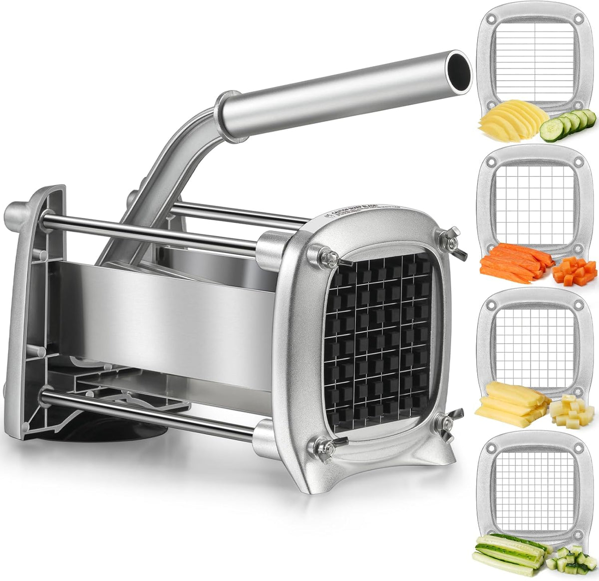 Professional Stainless Steel French Fry Cutter, 3 Blades (1/2", 3/8", 1/4") for Potatoes, Carrots, Apples, Commercial & Home Use