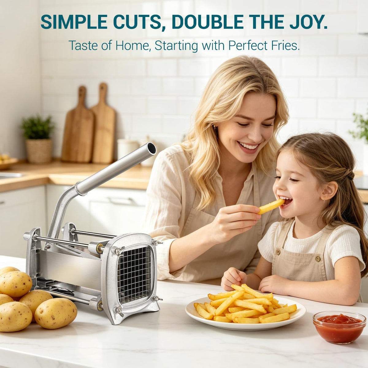 Professional Stainless Steel French Fry Cutter, 3 Blades (1/2", 3/8", 1/4") for Potatoes, Carrots, Apples, Commercial & Home Use