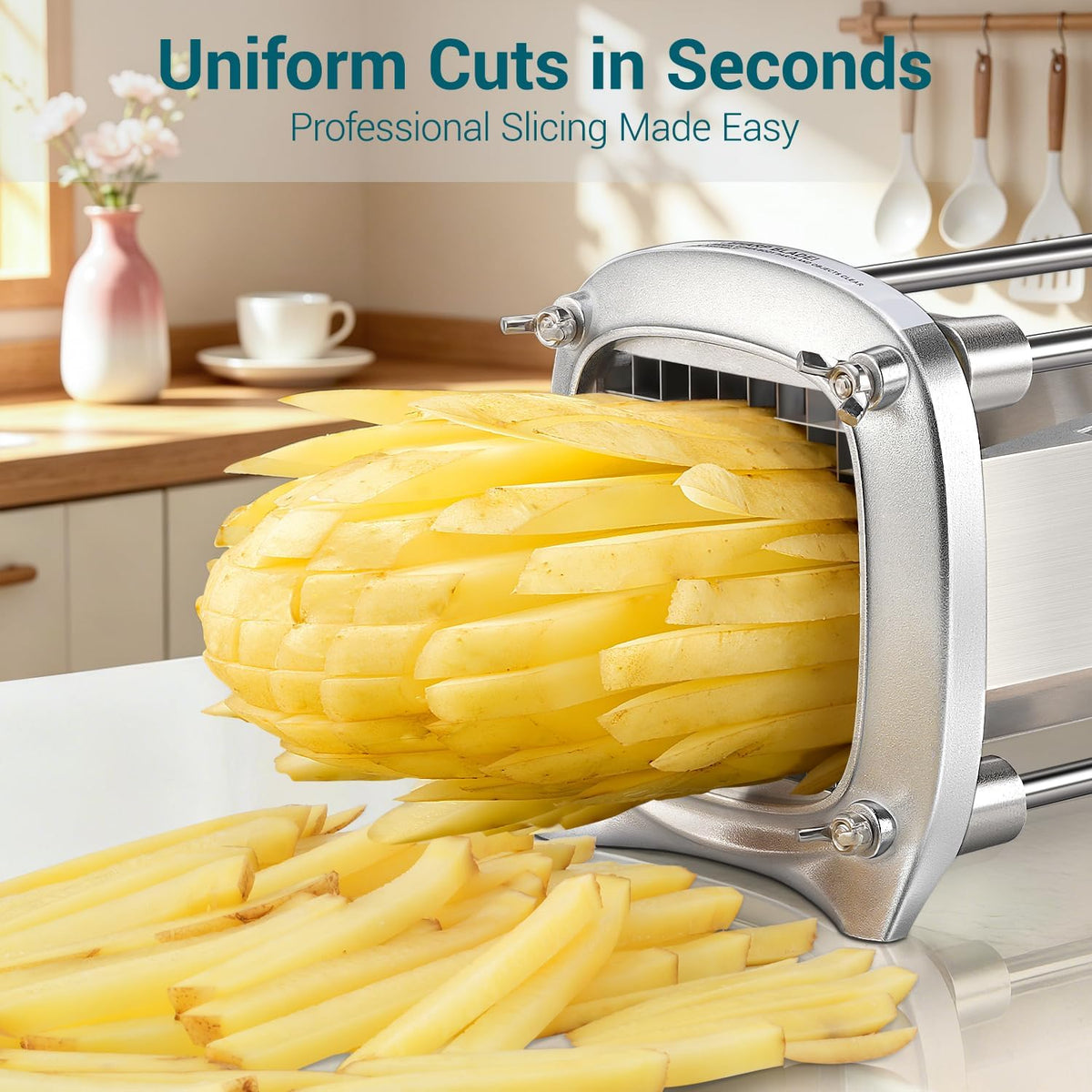 Professional Stainless Steel French Fry Cutter, 3 Blades (1/2", 3/8", 1/4") for Potatoes, Carrots, Apples, Commercial & Home Use