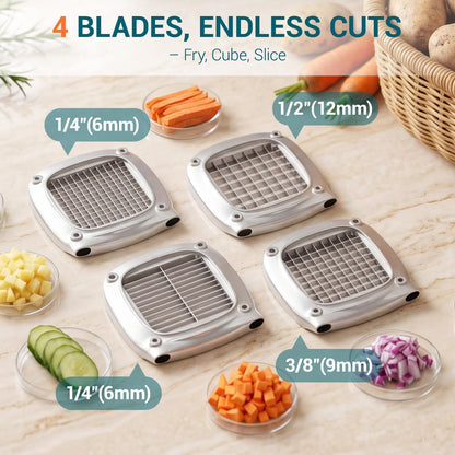 Professional Stainless Steel French Fry Cutter, 3 Blades (1/2", 3/8", 1/4") for Potatoes, Carrots, Apples, Commercial & Home Use