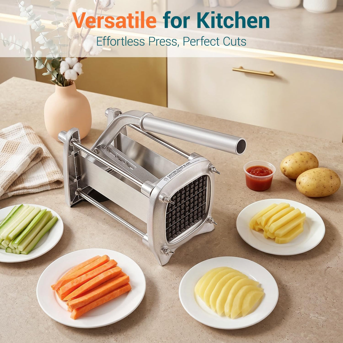 Professional Stainless Steel French Fry Cutter, 3 Blades (1/2", 3/8", 1/4") for Potatoes, Carrots, Apples, Commercial & Home Use