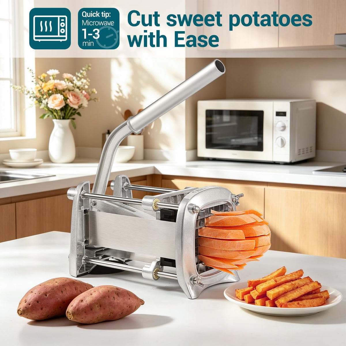 Professional Stainless Steel French Fry Cutter, 3 Blades (1/2", 3/8", 1/4") for Potatoes, Carrots, Apples, Commercial & Home Use