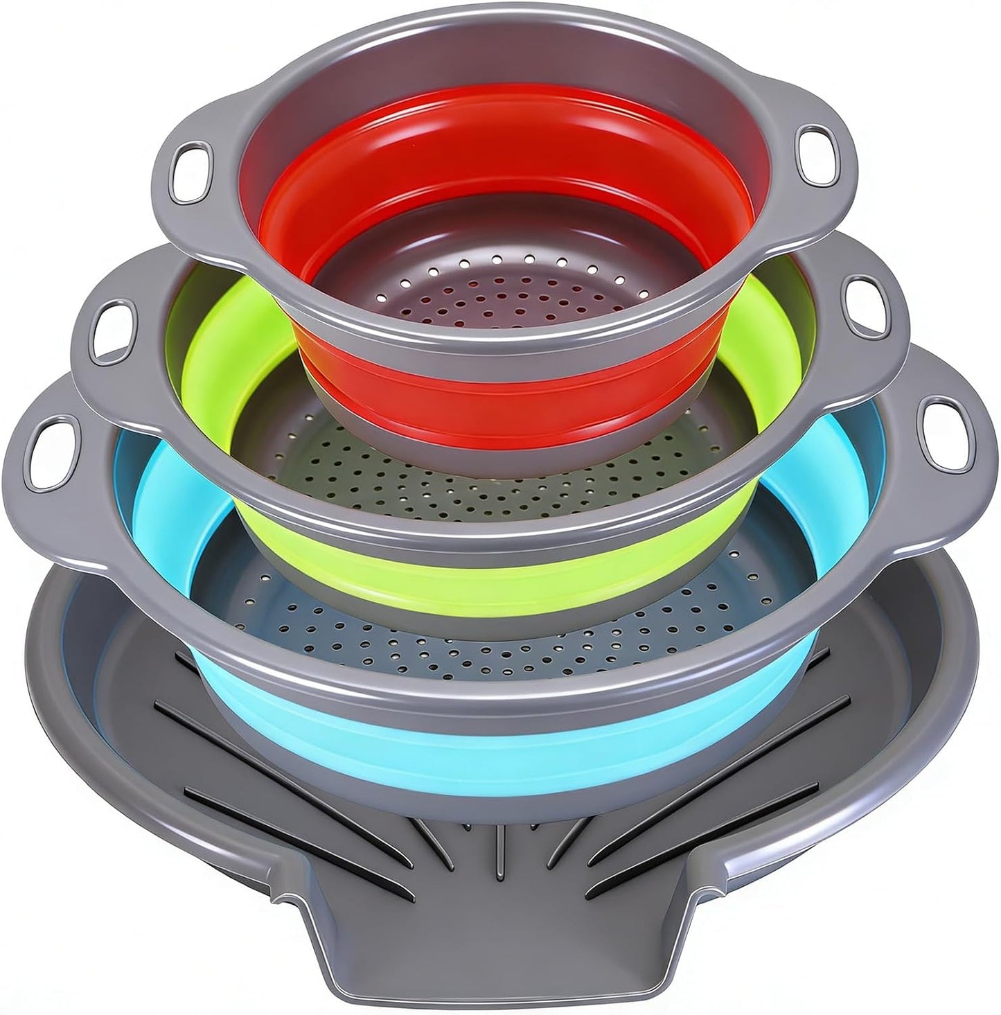 Collapsible Colander Set with Oversized Draining Tray | 3-Pack Foldable Kitchen Strainers + Base | Space Saving for Pasta, Veggies, Fruit & Rice | 5 Colors (Gray-Blue)