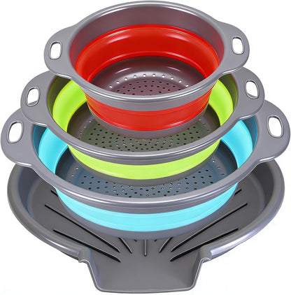 Collapsible Colander Set with Oversized Draining Tray | 3-Pack Foldable Kitchen Strainers + Base | Space Saving for Pasta, Veggies, Fruit & Rice | 5 Colors (Gray-Blue)