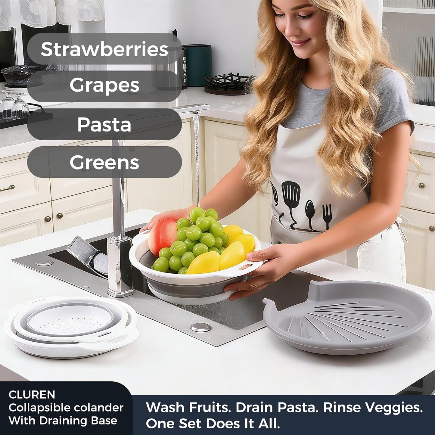 Collapsible Colander Set with Oversized Draining Tray | 3-Pack Foldable Kitchen Strainers + Base | Space Saving for Pasta, Veggies, Fruit & Rice | 5 Colors (Gray-Blue)