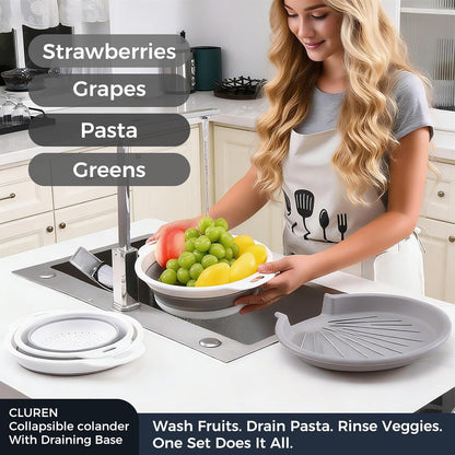Collapsible Colander Set with Oversized Draining Tray | 3-Pack Foldable Kitchen Strainers + Base | Space Saving for Pasta, Veggies, Fruit & Rice | 5 Colors (Gray-Blue)