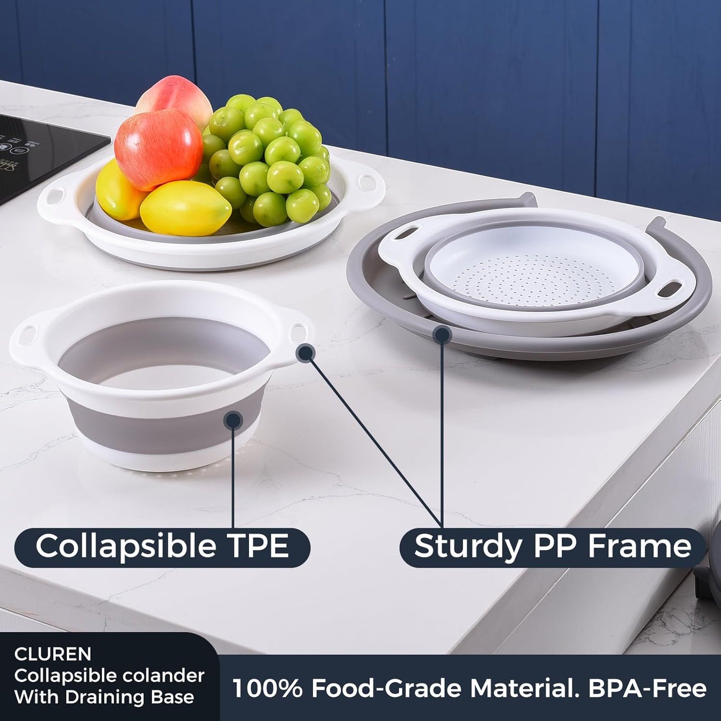 Collapsible Colander Set with Oversized Draining Tray | 3-Pack Foldable Kitchen Strainers + Base | Space Saving for Pasta, Veggies, Fruit & Rice | 5 Colors (Gray-Blue)