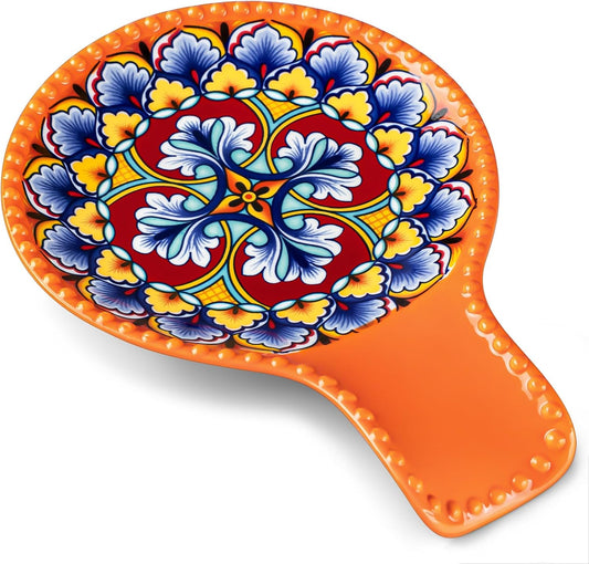 7.7 Inch Ceramic Spoon Rest, Bohemian Stove Top, Orange | Holds Spoons, Spatulas, Ladles, and Tongs, Bohemian Design, Stove Top and Countertop, Dishwasher and Microwave Safe Ceramic