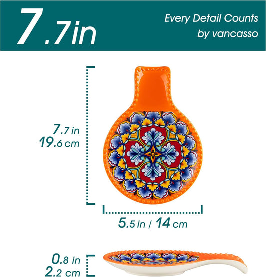 7.7 Inch Ceramic Spoon Rest, Bohemian Stove Top, Orange | Holds Spoons, Spatulas, Ladles, and Tongs, Bohemian Design, Stove Top and Countertop, Dishwasher and Microwave Safe Ceramic