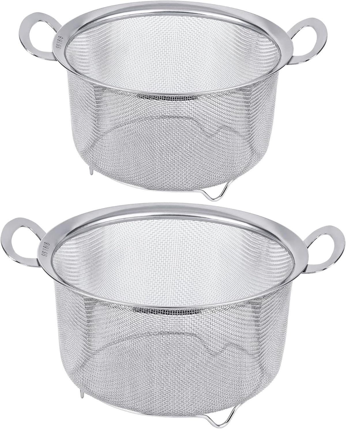 2 Pack Strainers for Kitchen, 18/8 Stainless Steel Colander with Handles, Fine Mesh Strainer for Pasta, Rice and Fruit, Sieve with Resting Feet to Strain, Rinse, Steam or Cook Vegetables