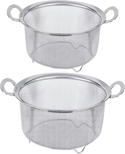 2 Pack Strainers for Kitchen, 18/8 Stainless Steel Colander with Handles, Fine Mesh Strainer for Pasta, Rice and Fruit, Sieve with Resting Feet to Strain, Rinse, Steam or Cook Vegetables