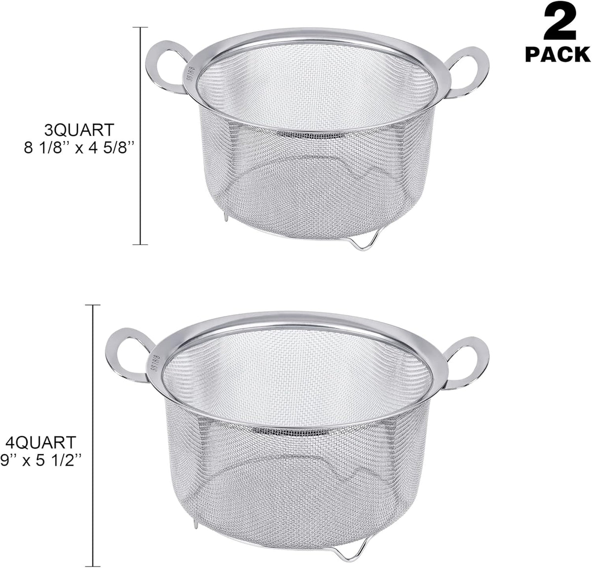 2 Pack Strainers for Kitchen, 18/8 Stainless Steel Colander with Handles, Fine Mesh Strainer for Pasta, Rice and Fruit, Sieve with Resting Feet to Strain, Rinse, Steam or Cook Vegetables